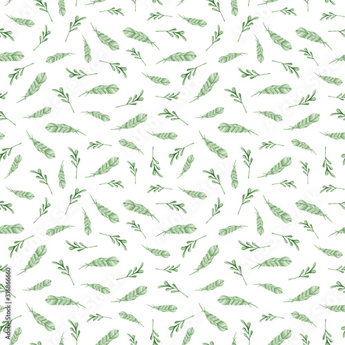Watercolor hand painted floral seamless pattern. Green wreath, feathers on white background. Perfect for scrapbooking paper, textile design, fabric, wallpaper, wrapping paper, wedding decoration