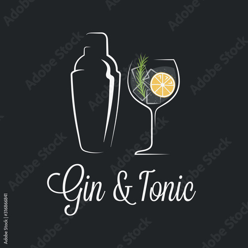 Gin tonic cocktail logo. Shaker with glass of gin