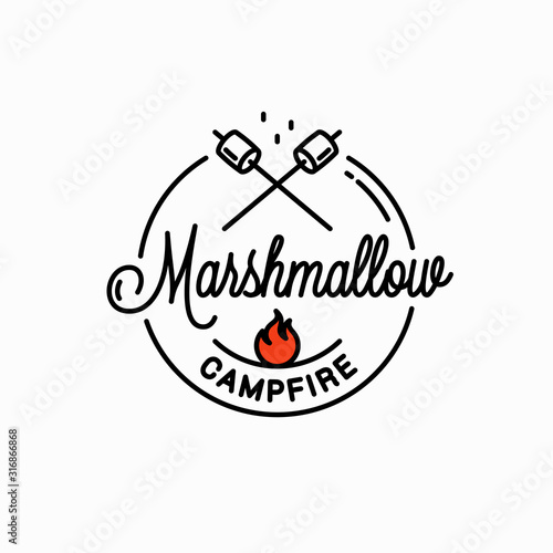 Marshmallows campfire logo. Round linear on white