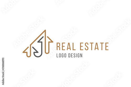 Real Estate Logo Design. Elegant Logotype with a silhouette of a building in line art style isolated on white background. Flat vector illustration EPS10