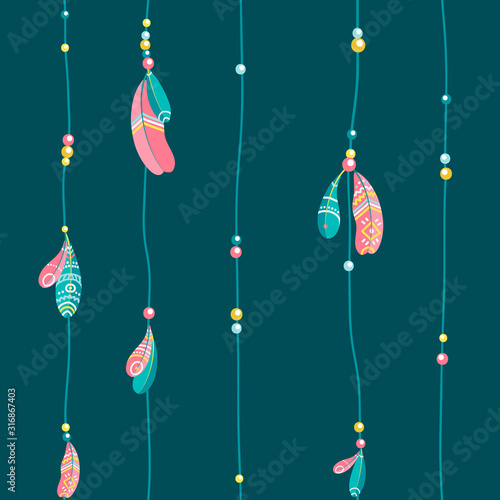 Tribal Feathers. Flat vector Ethnic seamless texture in boho style. Ideal for printing onto fabric, textile, packaging, wallpaper. For childish design