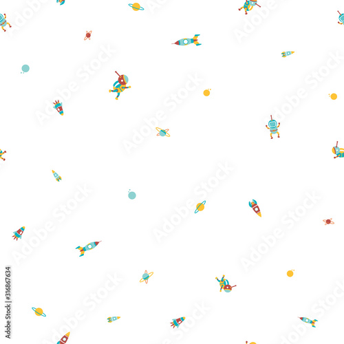 Seamless space pattern. Cartoon spaceship icons. Kid's elements for scrapbooking, textiles, wallpaper, designer paper. Childish background. Stock Hand drawn vector illustration
