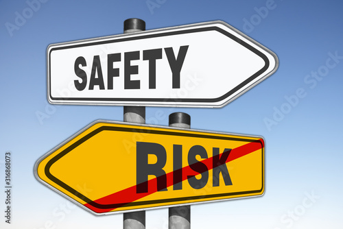 road sign, directorys SAFETY and RISK