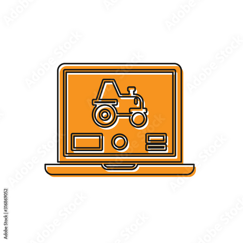 Orange Laptop application for control a autonomous tractor on a smart farm icon isolated on white background. Smart agriculture implement. Vector Illustration