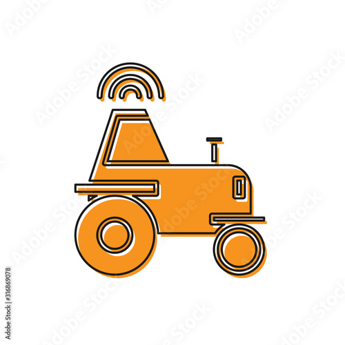 Orange Self driving wireless tractor on a smart farm icon isolated on white background. Smart agriculture implement element. Vector Illustration