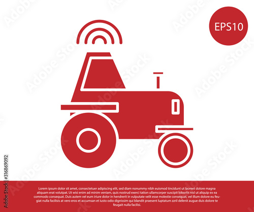 Red Self driving wireless tractor on a smart farm icon isolated on white background. Smart agriculture implement element. Vector Illustration