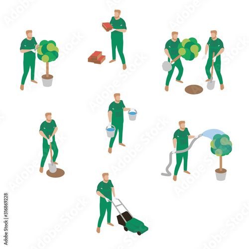 Gardening isometric set with people working in garden isolated on white background. Landscape design. Watering, Cultivation, Dig, Collect and Planting. Vector EPS illustration.