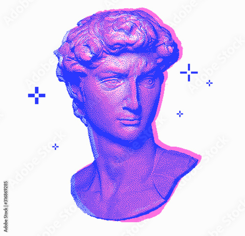 Vector pixel art ilustration with Michelangelo's David bust. Vaporwave and retrowave style, postmodern aesthetics with Renaissance antique Greek sculpture.