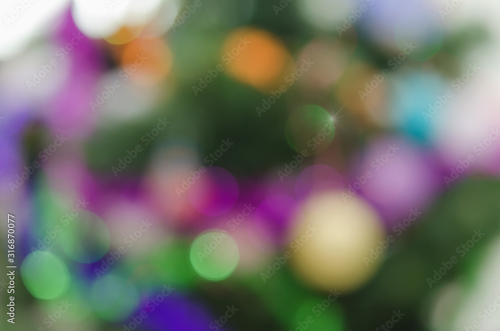 Christmas tree bokeh background of de focused glittering lights. Blurred Christmas shiny background