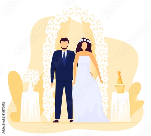 Bride and groom at wedding ceremony, happy newlywed couple, vector illustration. Romantic relationship celebration, husband and wife faceless figures. Woman in wedding dress and man in classic suit