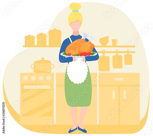 Woman in kitchen holding dish with oven roasted turkey, traditional thanksgiving dish, vector illustration. Home cooking recipe for thanksgiving holiday celebration, American tradition, cooked turkey