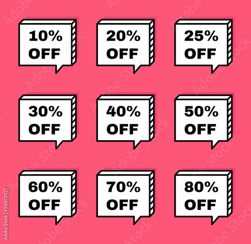 Super set sale discount tags on geometric boxes. Special offer price signs. 10, 20, 25, 30, 40, 50, 60, 70, 80 percent off. Vector illustration
