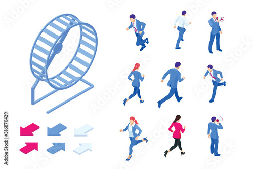 Isometric set elements of businessman running in a hamster wheel. The business as hard work, motivation and success concept.