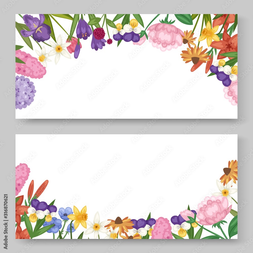 Floral banners set with garden and field flowers vector ilustration. Field or garden flowers, anemone, peony and iris, wild florets in watercolor style. Summer flowers isolated on white background.