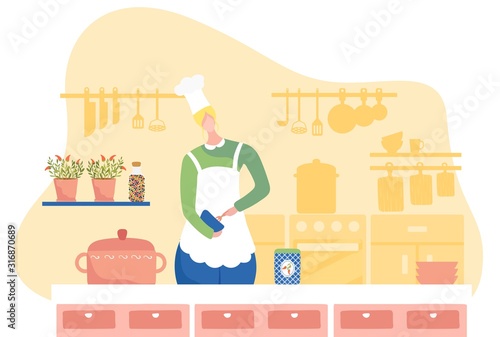 Woman chef cooking in kitchen, cartoon character vector illustration. Professional female cook working in restaurant, housewife baking at home. Kitchenware and cooking utensils for culinary workshop