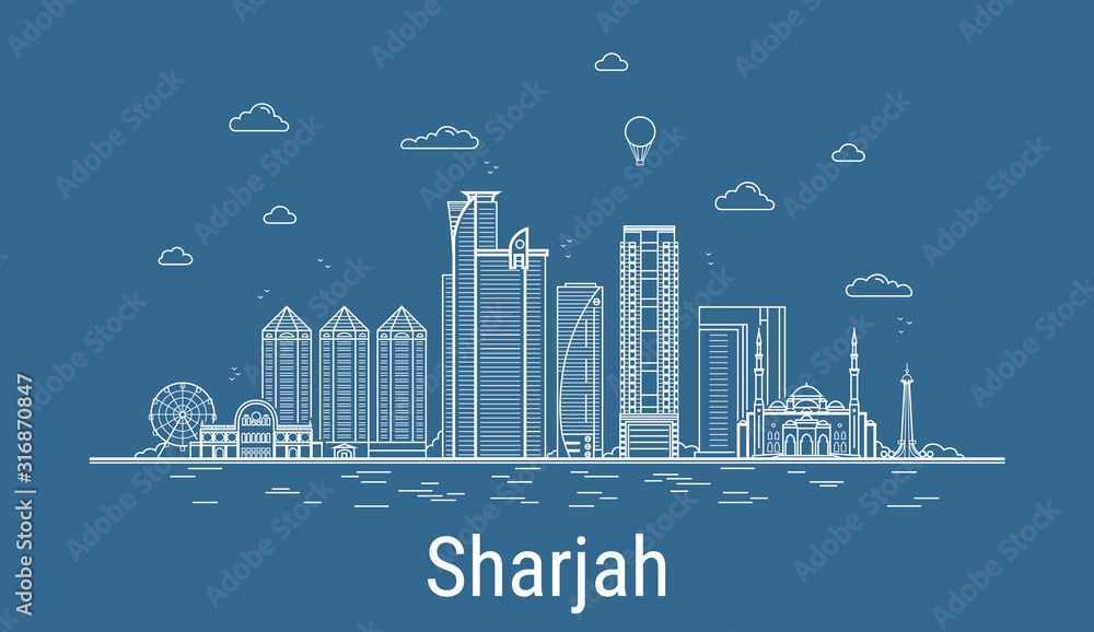 Naklejka Sharjah city line art Ilustracja wektorowa ze wszystkimi słynnymi budynkami. Gród.