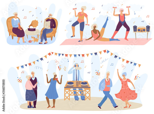 Elderly people listening to music, cartoon characters vector illustration. Retired men and women dancing and training, active lifestyle of senior people. Happy grandma and grandpa listen to music