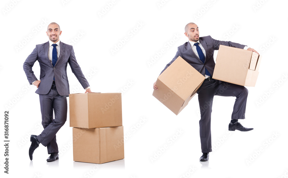 Businessman with box isolated on the white Businessman with box isolated on the white