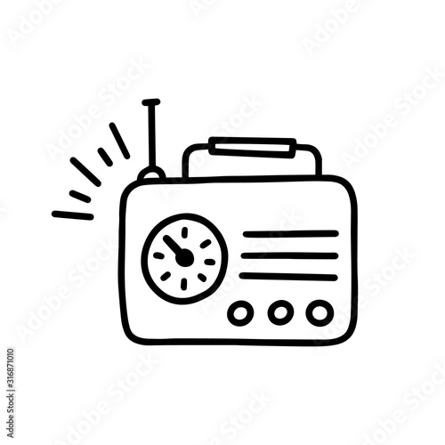 Illustration of doodle retro radio. Hand drawn cartoon doodle style. Simple brush strokes. Line radio graphic design for card, poster, postcard, sticker, tee shirt. Hand drawn vector illustration.