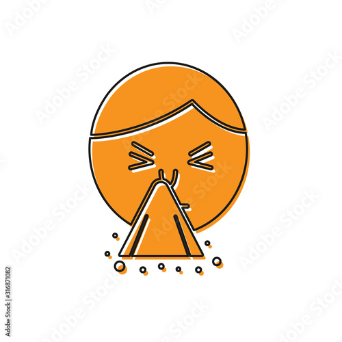 Orange Man holding handkerchief or napkin to his runny nose icon isolated on white background. Coryza desease symptoms. Vector Illustration