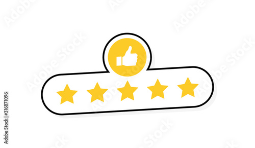 Five stars customer product rating review with thumbs up icon. Modern flat style vector illustration photo