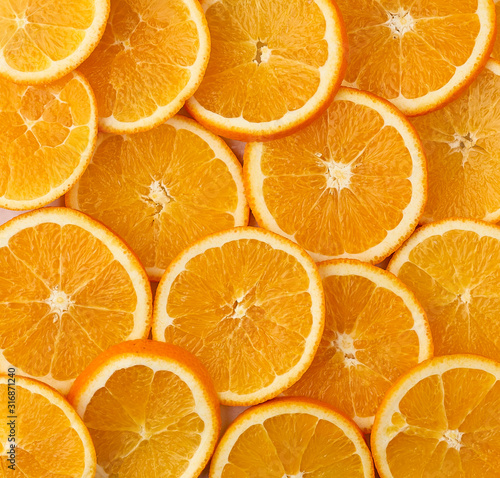 texture of round slices of ripe juicy orange. Organic food frame