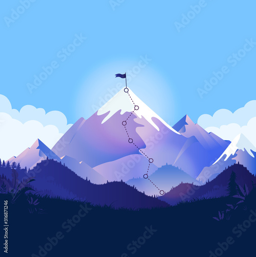 Mountain top with trail and flag. Landscape illustration with a path to a goal. Metaphor for business strategy, reaching goals, ambitions and path to success. Vector illustration.