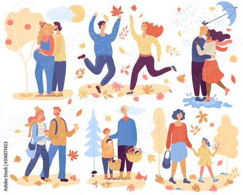 Happy people in autumn, romantic loved couples vector illustration. Family cartoon characters spending time together in nature, enjoying autumn weather. Man and woman in autumn love, happy couple
