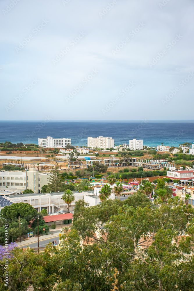 View of the city of Protaras from the top of the mountain, on which the Church of the Prophet Elijah is located.