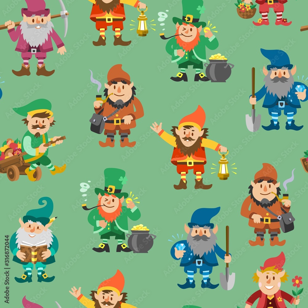 Fairy tale fantastic gnome seamless pattern, vector illustration. Background with dwarf elf character in poses. Magical leprechaun, fairy tale man with lantern, gnome with showel, crystals and gold.