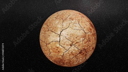 Dry and dead planet 3D CGI Render , sun flares and stars in space surface with lots of cracks and erosion