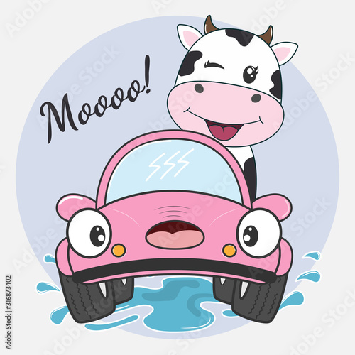 Happy cow girl driving pink car. Greeting card.