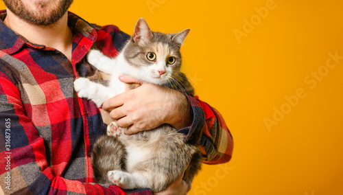 Man with cute cat on color ...