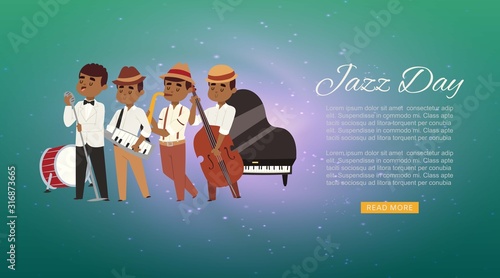 Jazz band with cartoon characters singer, saxophonist and double-bass player musicians web banner vector illustration. Jazz band concert party webpage.