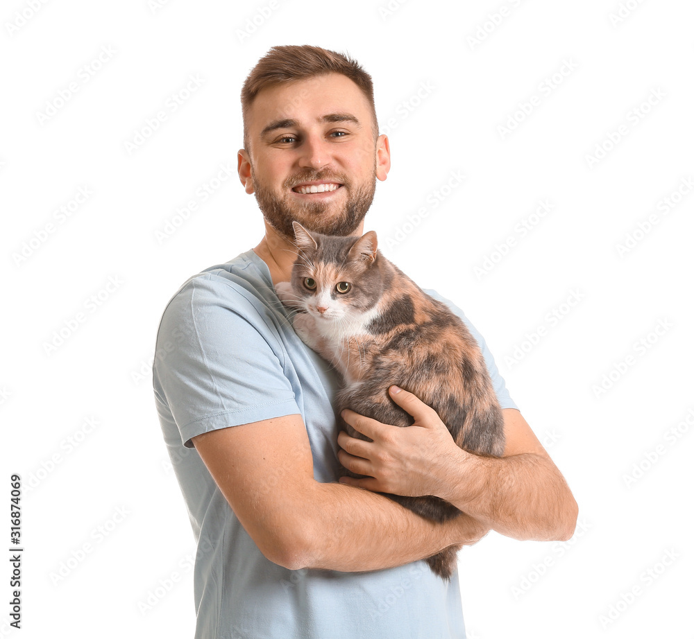 Obraz premium Man with cute cat on white background