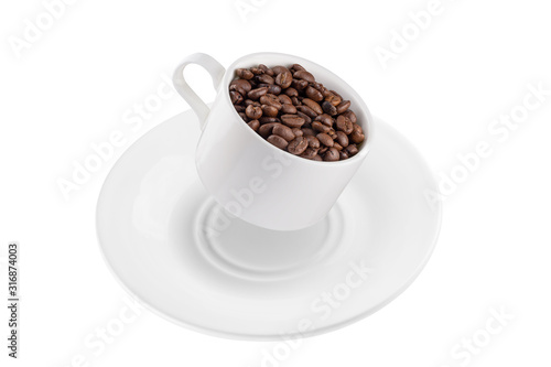 Coffee mug and saucer in the air with coffee beans. Full depth of field. Isolated with a pen tool.
