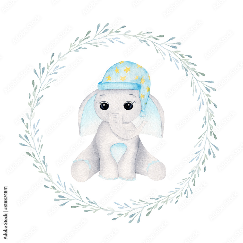 Sleepy baby elephant in floral frame hand drawn raster illustration