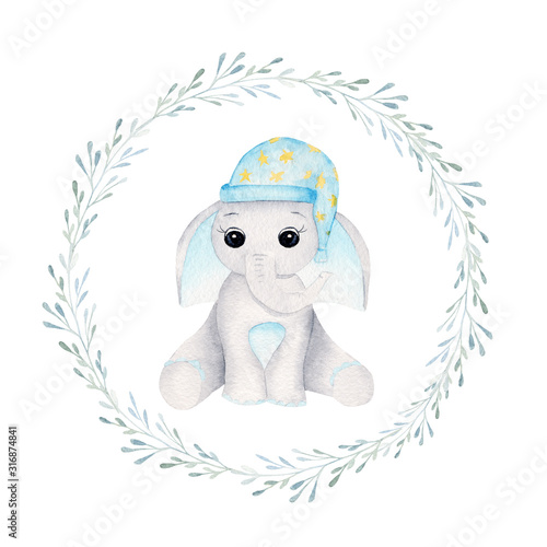Obraz na płótnie Sleepy baby elephant in floral frame hand drawn raster illustration w salonie