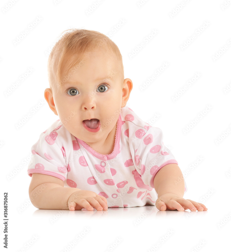 Portrait of cute baby on white background