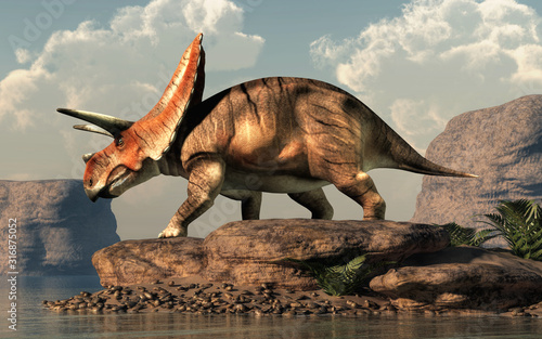 Fototapeta Naklejka Na Ścianę i Meble -  Torosaurus was ceratopsian dinosaur that was a frilled and horned, four legged animal. It lived during the cretaceous period. On a rock by a lake. 3D Rendering