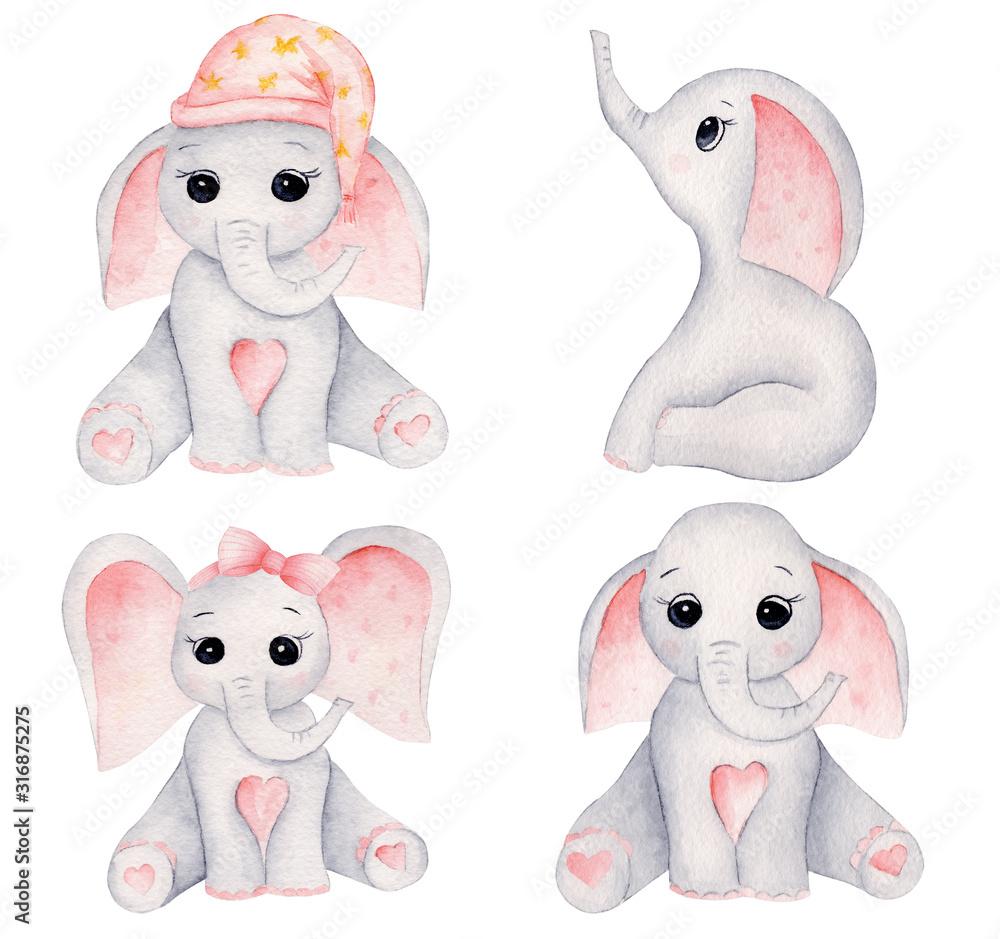Little elephants hand drawn raster illustrations set