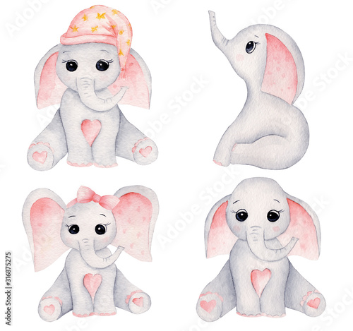 Obraz na płótnie Little elephants hand drawn raster illustrations set w salonie