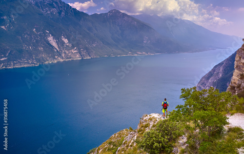 Panoramic view of the beautiful Lake Garda and Riva del Garda town in the summer time , Trentino Alto Adige region,Italy