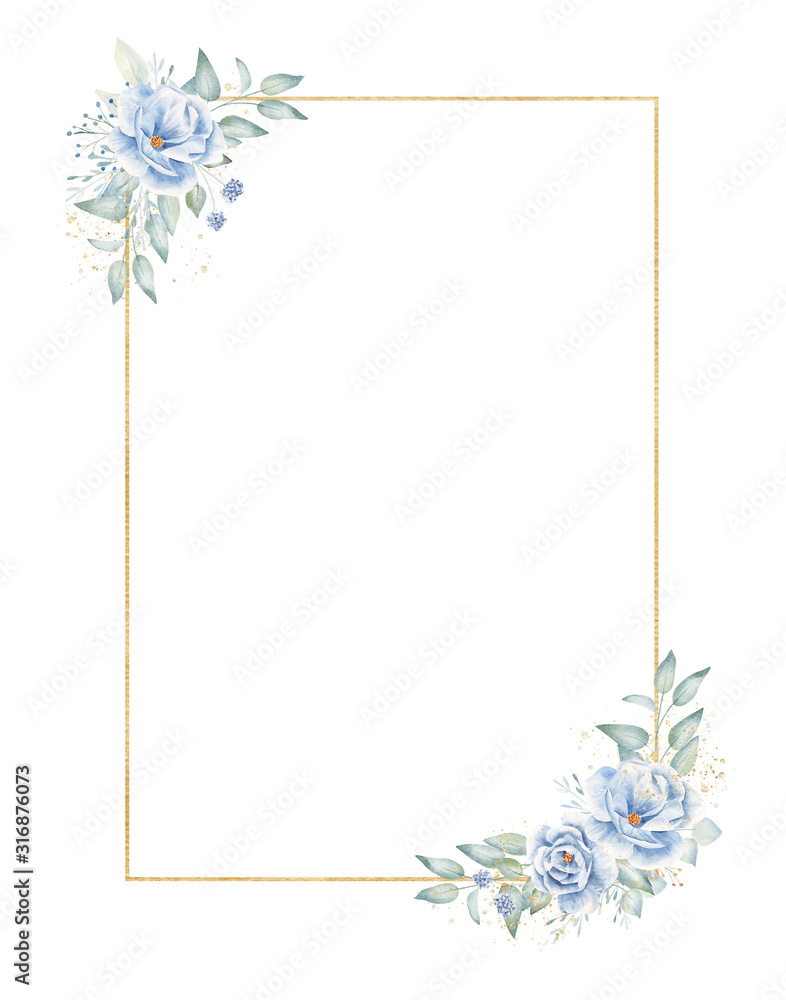 Rectangular golden frame with floral elements hand drawn raster illustration