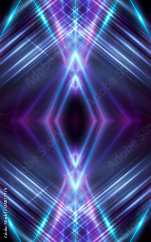 Ultraviolet abstract light. Light tunnel and laser lines. Violet and pink gradient. Modern background, neon light. Empty stage, spotlights, neon. Abstract light. © MiaStendal