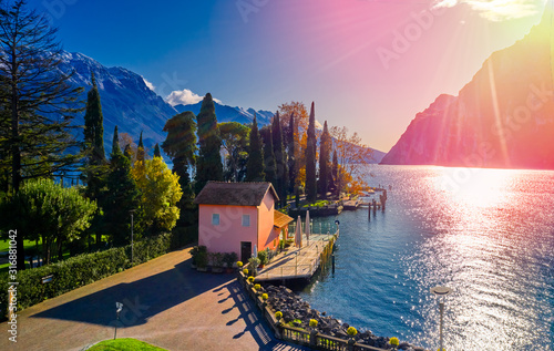 Panoramic view of the beautiful Lake Garda .Riva del Garda town and Garda lake in the autumn time , Trentino Alto Adige region,Italy
