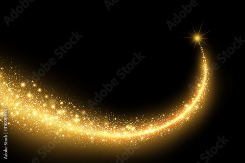 Golden glitter wave of comet trace with shiny glare effect Vector abstract gold flare or sparkling particles on premium background