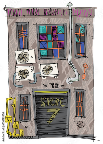 Facade of old urban facade of a shop in inner part of a city. Cartoon. Caricature
