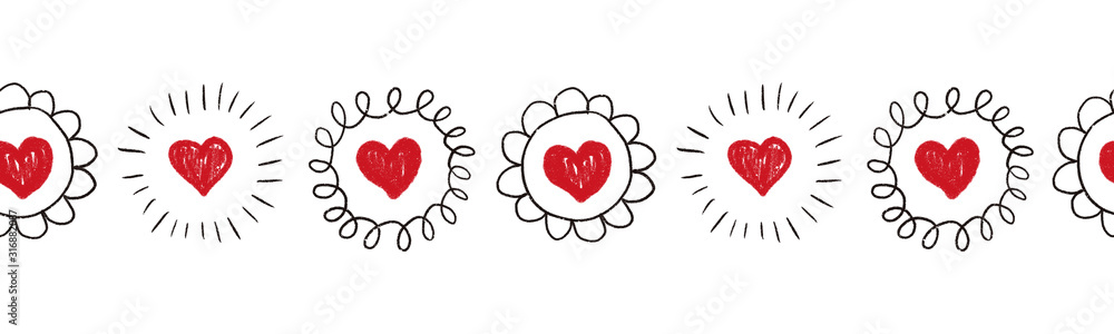 Seamless Hearts border. Repeating doodle heart shapes pattern. Black doodle circles on white background. Repeating Valentines design. Sketch scribble hearts. Use for banner, trim, ribbon - obrazy, fototapety, plakaty 