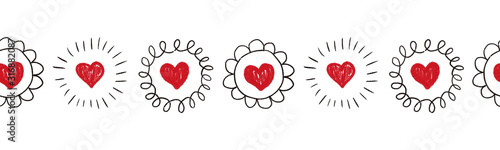 Seamless Hearts border. Repeating doodle heart shapes pattern. Black doodle circles on white background. Repeating Valentines design. Sketch scribble hearts. Use for banner, trim, ribbon